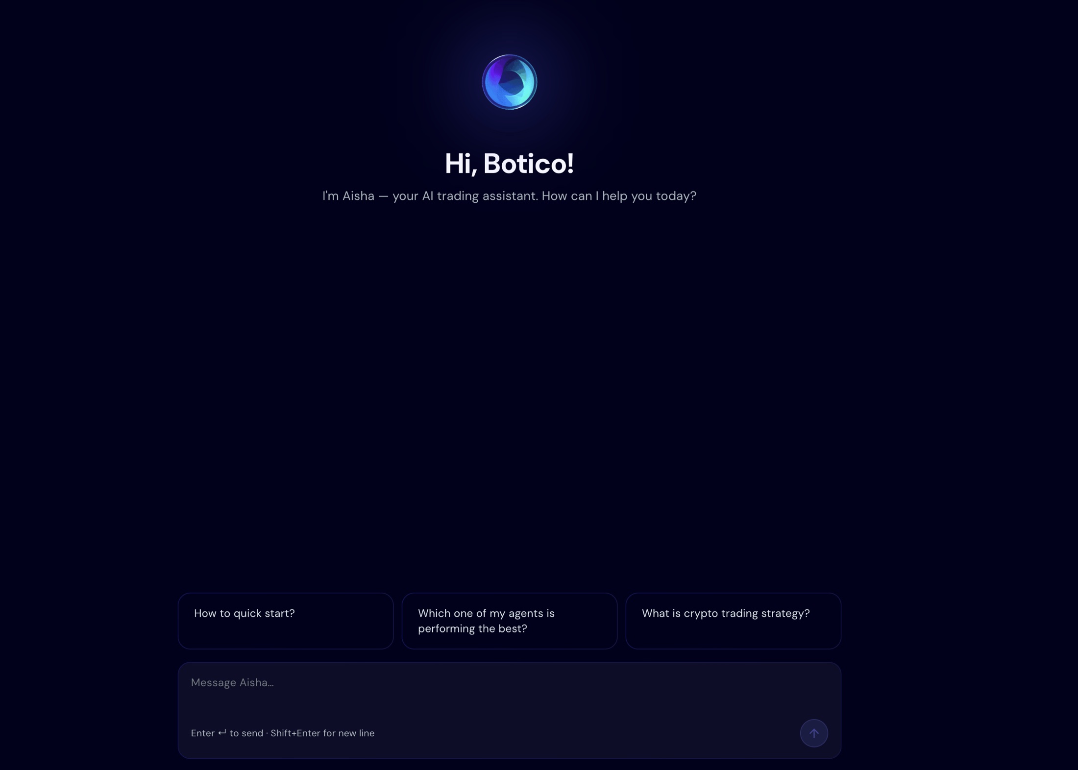 AISHA, the AI trading assistant in Botico: a chat window with the greeting Hi, Botico, suggested questions such as How to quick start and What is crypto trading strategy, and a message box