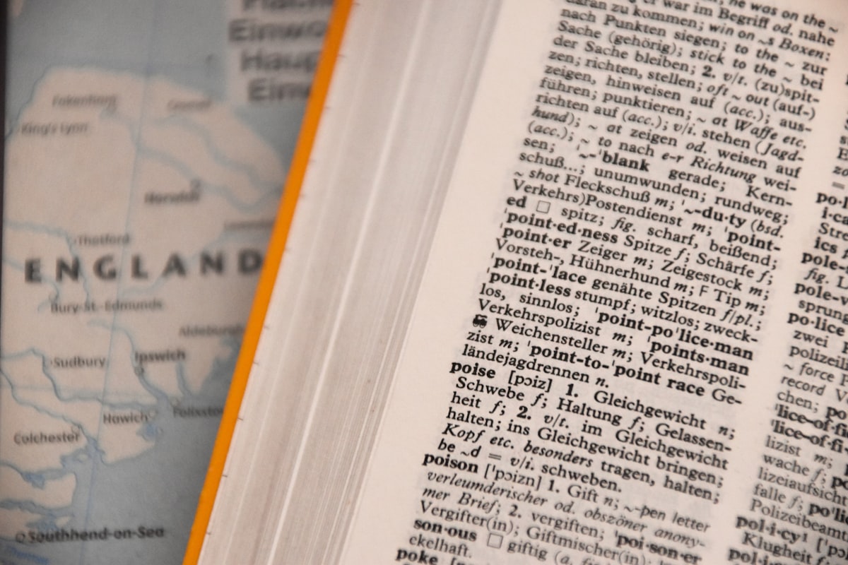 An open dictionary showing definitions