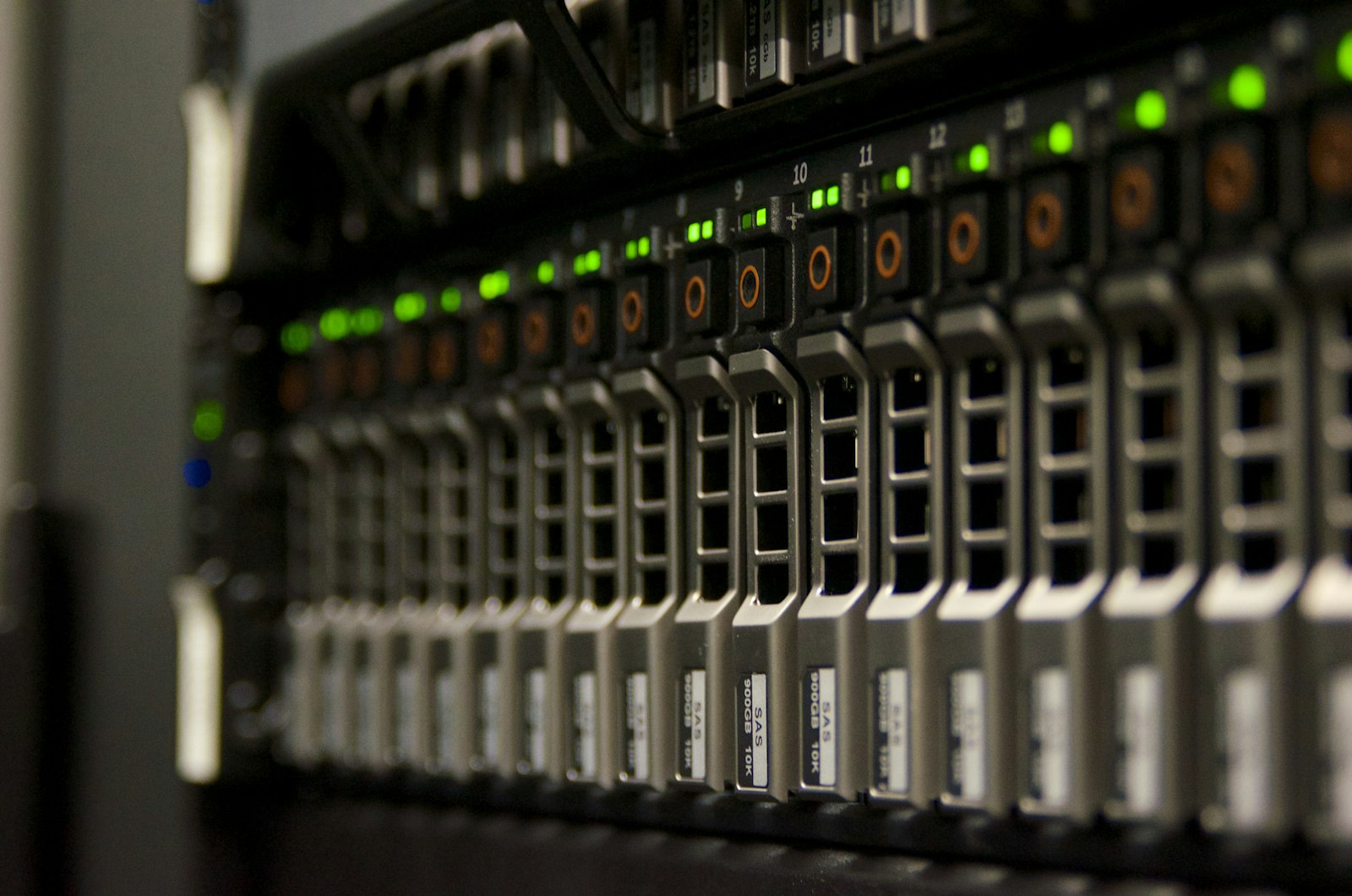 Server rack with blinking green indicator lights